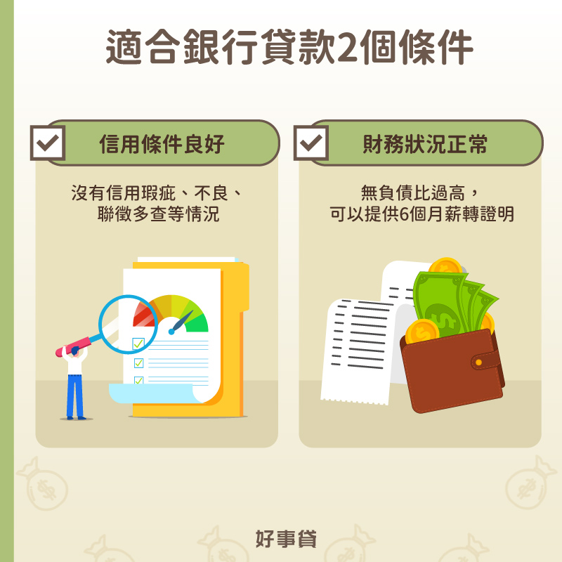 適合銀行貸款2個條件有信用條件良好、財務狀況正常。