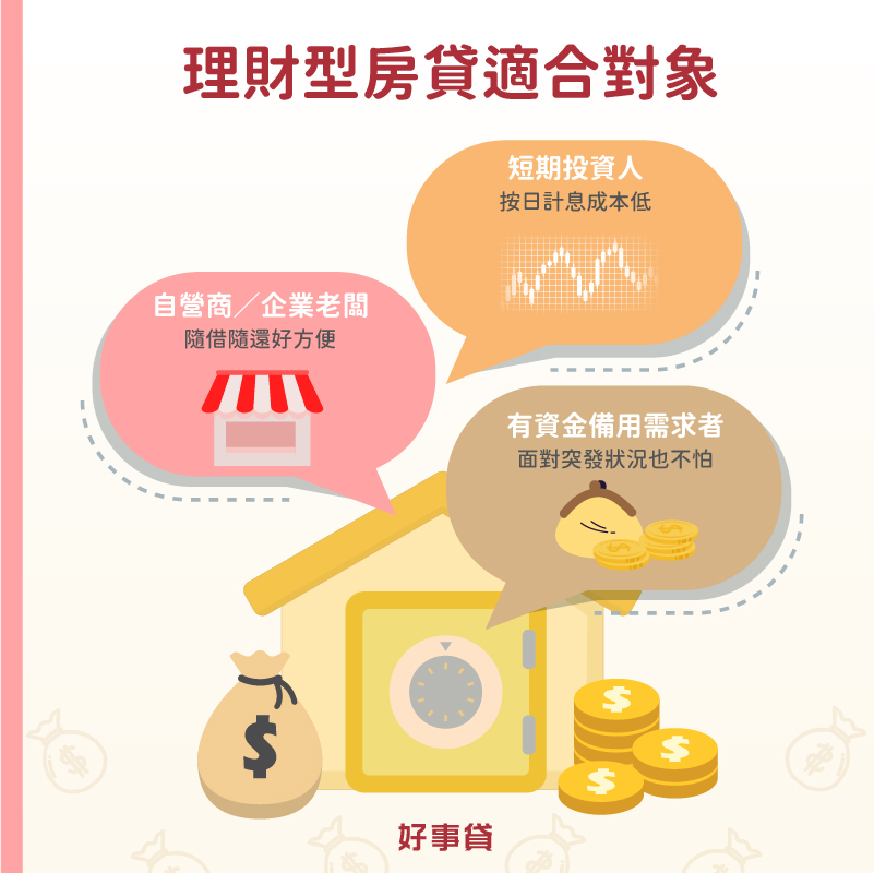 理財型房貸適合對象包括自營商/企業老闆、短期投資人、有資金備用需求者