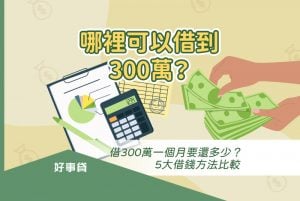 哪裡可以借到300萬？借300萬一個月要還多少？本文將為你介紹5個有機會借到300萬的方法，與對應所需負擔的月付金