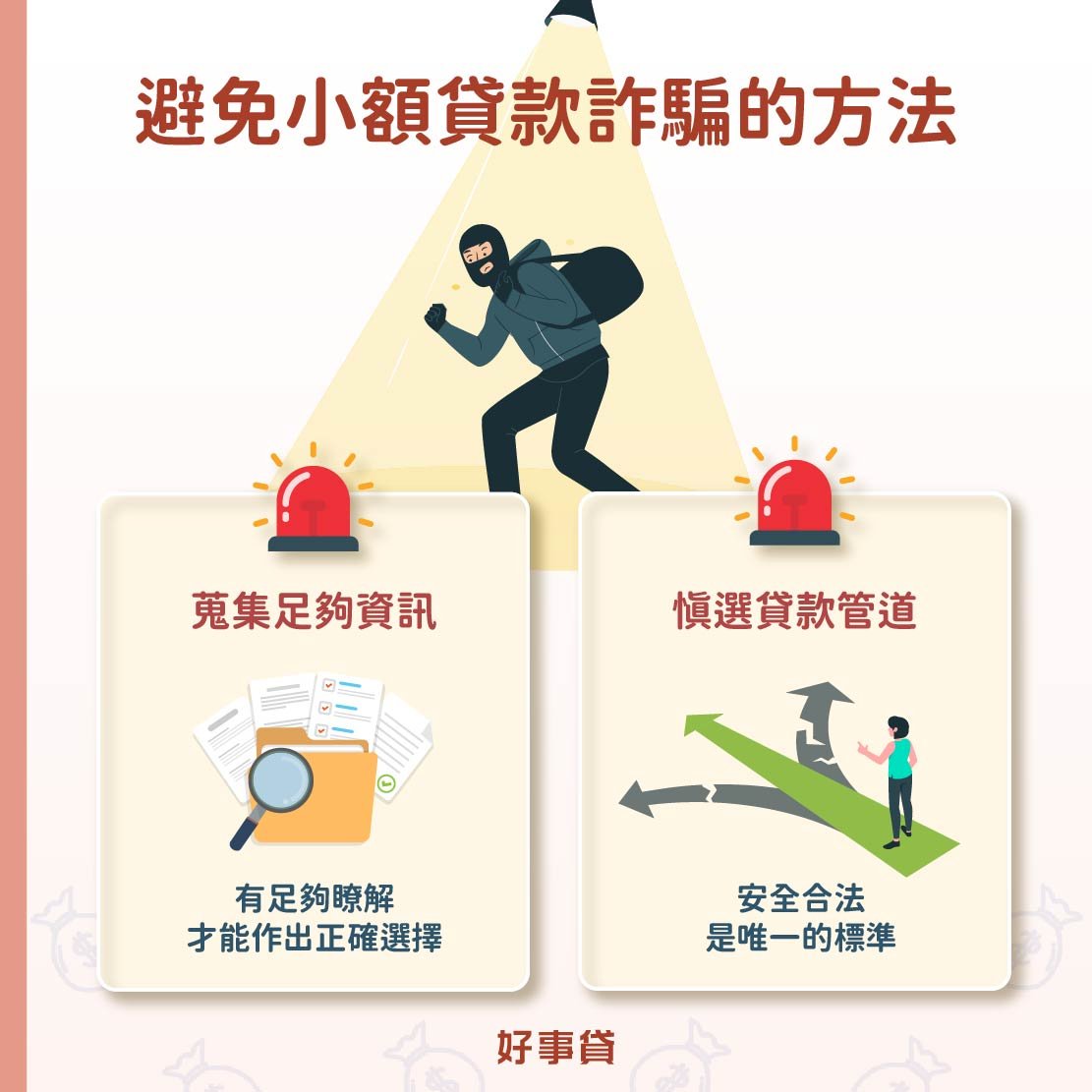 避免小額貸款詐騙的方法 : 蒐集足夠資訊、慎選貸款管道。