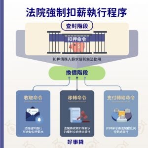 法院強制扣薪執行程序有查封、換價兩階段。查封階段的扣押命令會扣押債務人薪水，使其無法動用；換價階段的收取命令、移轉命令與支付轉給命令，則會讓銀行實際取得扣押的薪水，用於償還債務。