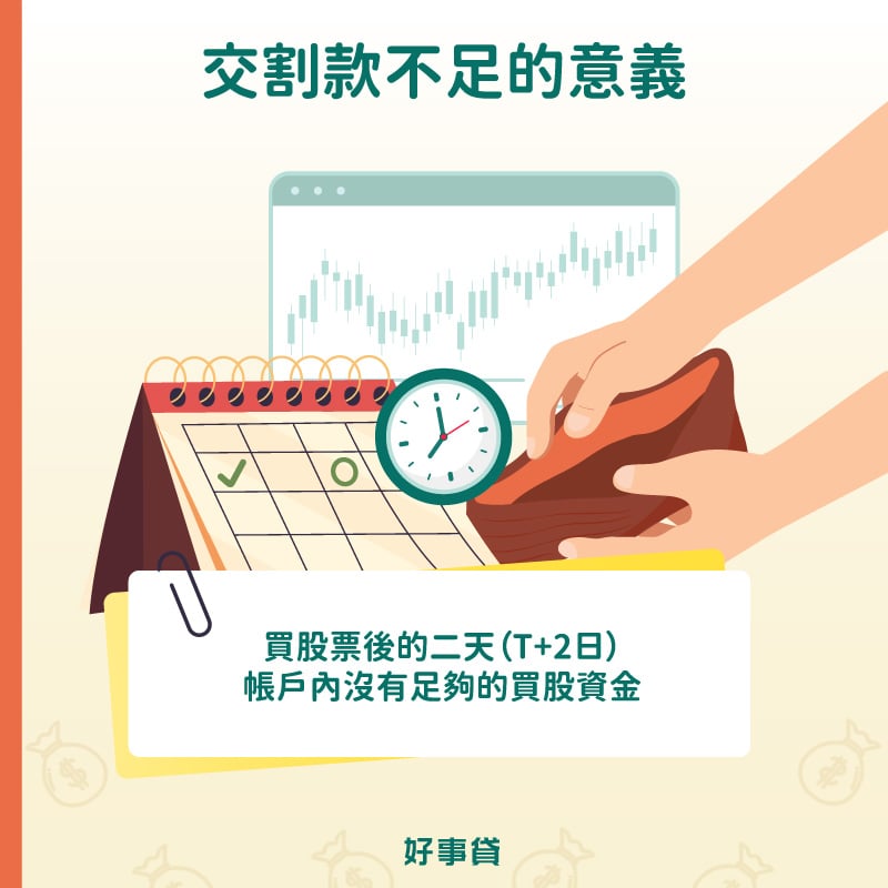 交割款不足的意義 : T+2日帳戶內，沒有足夠資金買股。