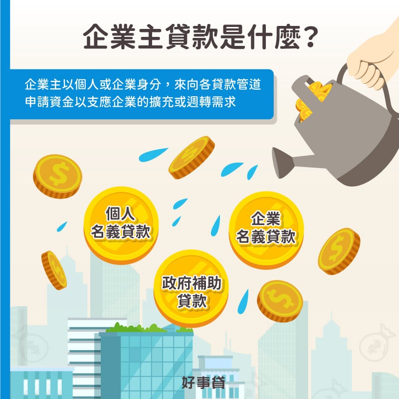 企業主貸款可分為三個種類：個人名義貸款（如銀行信貸）、企業名義貸款（如微企貸款）、政府補助貸款（如青創貸款）等