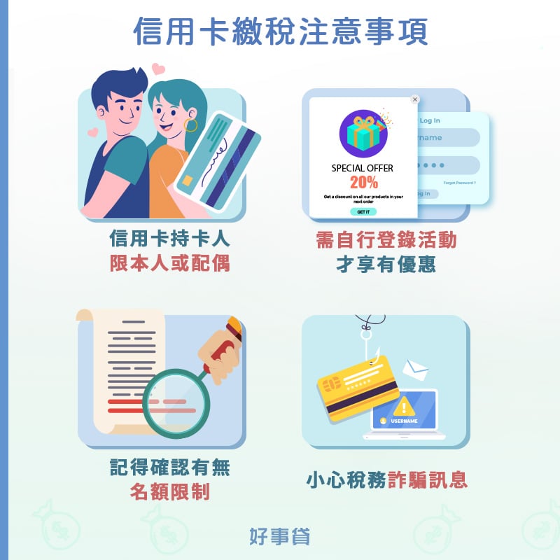 信用卡繳稅注意事項：1）信用卡持卡人限本人或配偶。2）需自行登錄活動才享有優惠。 3）刷卡優惠有名額限制。 4）小心稅務詐騙訊息。 