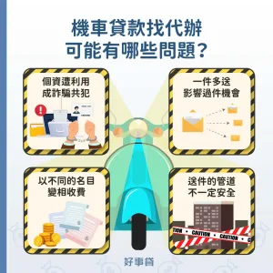 機車貸款找代辦可能有那些問題？可能發生個資外洩、一件多送、變相收費、管道風險。