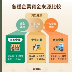 依照規模可以將各種公司行號區分為微型企業、中小企業、大型企業三大類，三者的資金來源有所差異。資本額小於等於1億元，員工小於5人的微型企業可以申辦微企貸款；資本額同樣小於等於1億元，但員工人數未滿200人的中小企業可以申請中小企業貸款和微企貸款；資本額大於1億元，員工人數達200人以上的大型企業，則可以透過一般企業貸款獲取資金。