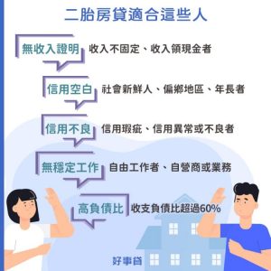 二胎房貸適合這些人 : 就算有信用瑕疵、無穩定工作、高負債比等情況，只要名下有房子就能提出申請。